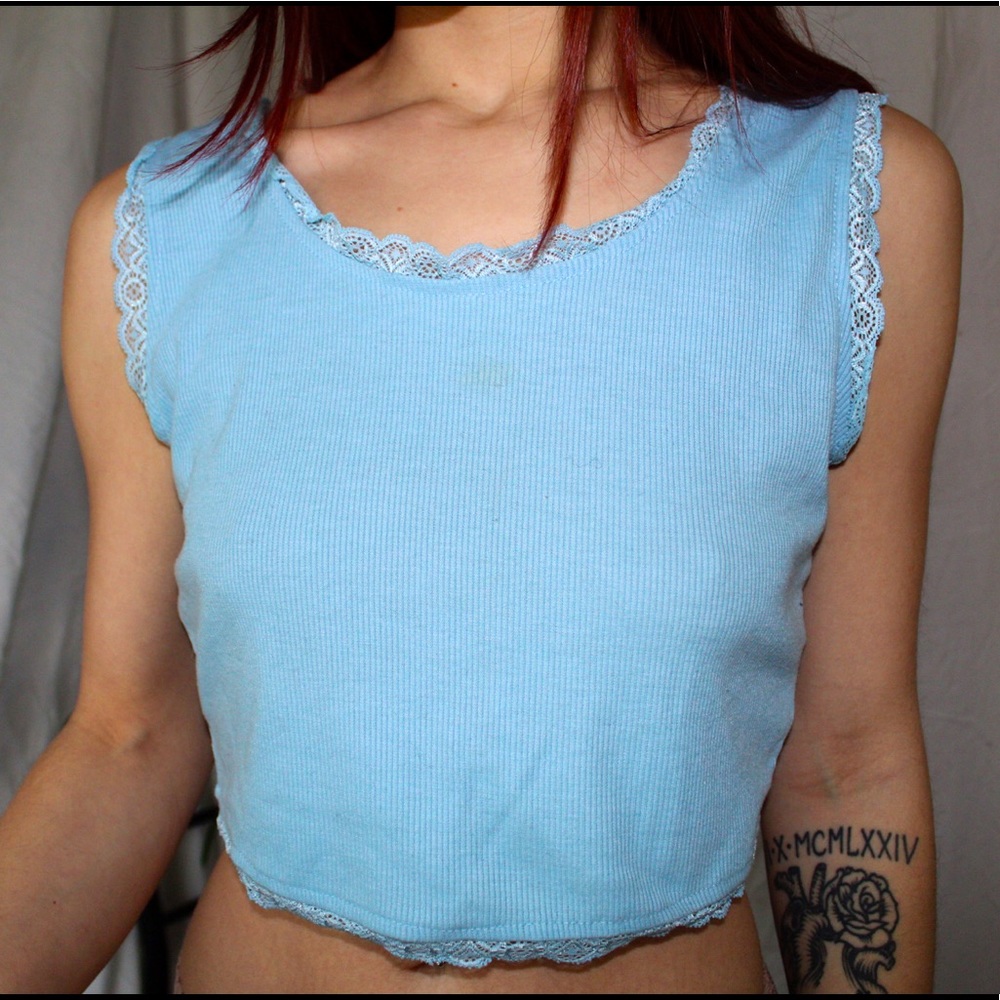 Lace Trim Baby Blue Crop Top